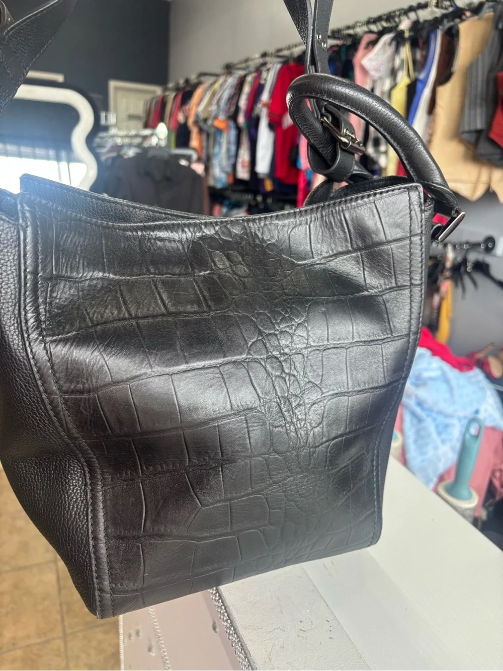 Tahari Black Croc-Embossed Shoulder Bag